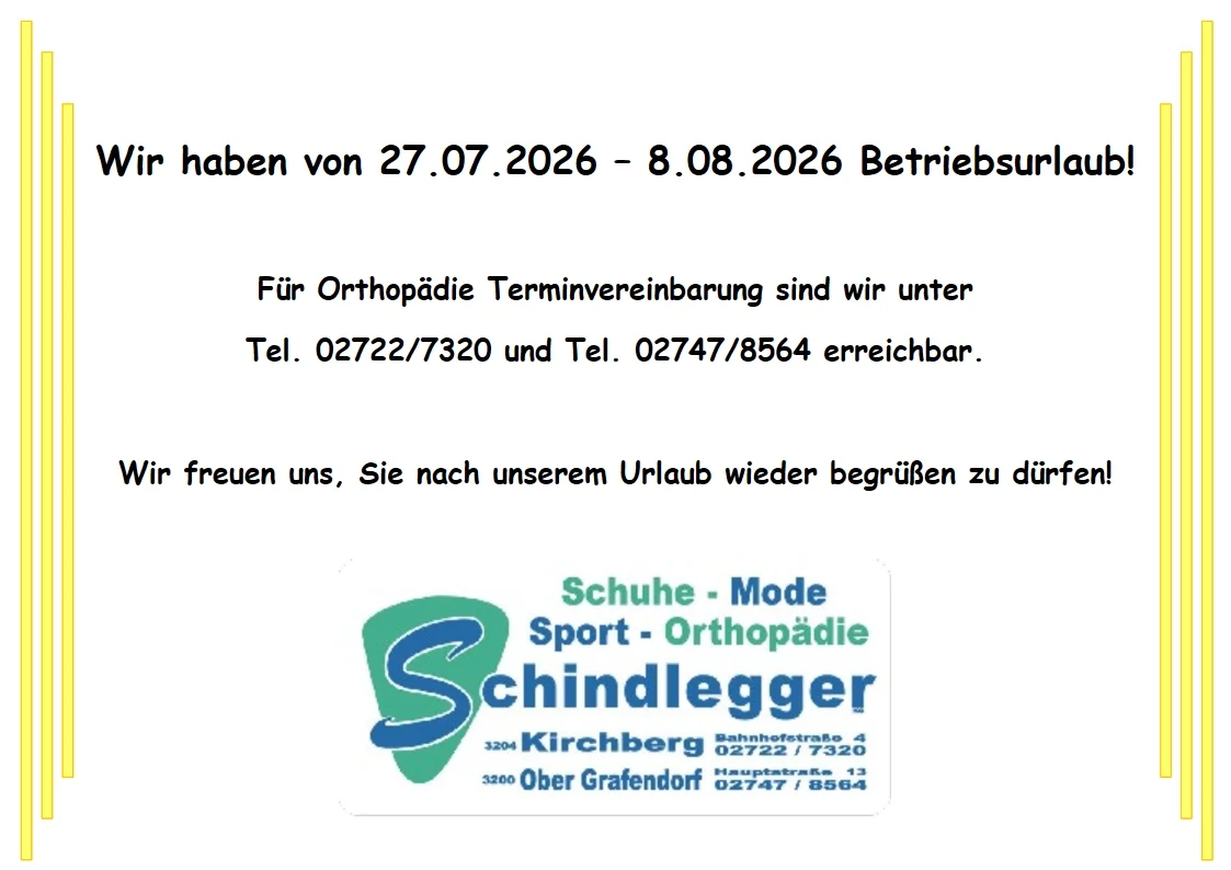 Betriebsurlaub 2026 SCHINDLEGGER